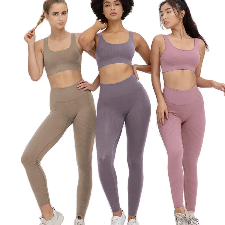 Sexy New Woman Gym Suit custom Logo Seamless Fitness Nylon Spandex Womens Active Wears Sports Bra Ribbed Yoga Sets