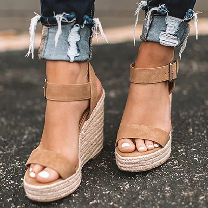 

2021 trend buckle woven straw Roman sandals women's super high heel wedge snake print ladies sandals