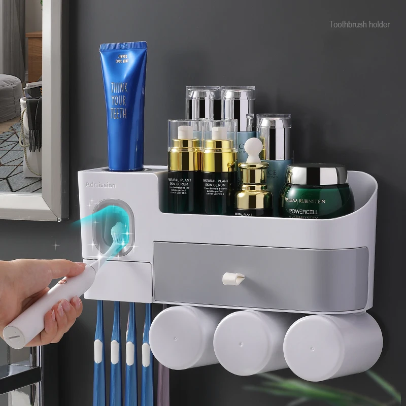 

Bathroom Organizer All in One Suspension Cup Holder Toothpaste Squeezer Toothbrush Holder with Toiletries Rack, White