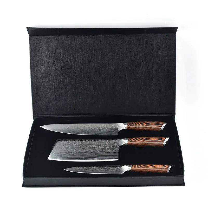 

Wooden Handle Kitchen Knife Set 3 Piece including Chef Knife, Butcher knife,and Multi-purpose Knife, Colorful