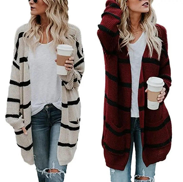 

factory spring oversized Sweater women streetwear casual loose mid-length striped acrylic knitted cardigan with pocket