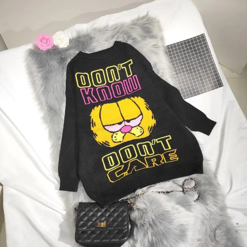 Wholesale crew neck lovely cat print unisex man and women winter thick pullover sweater