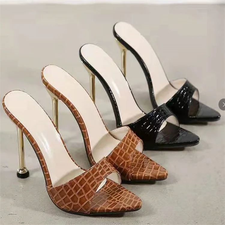 

New arrival cheap ladies crocodile leather pumps women 2021 high heels dress mule sandals shoes, Black,white,red,coffee,green