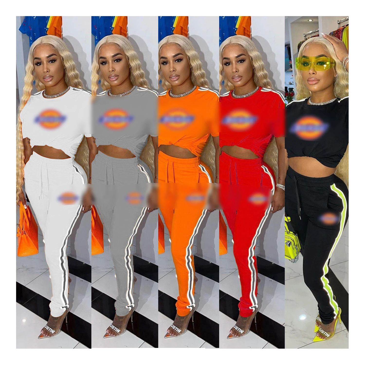 

2021 Spring And Summer New Womens Printed dickie T-shirt Pleated casual neon Short Sleeve Pants Two Piece Set, As show