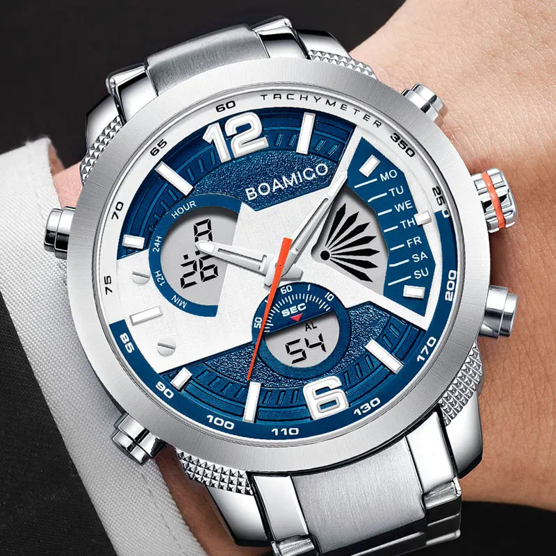 

BOAMIGO Men Stainless Steel Watches Digital Analog waterproof Quartz Watch dropship wholesale