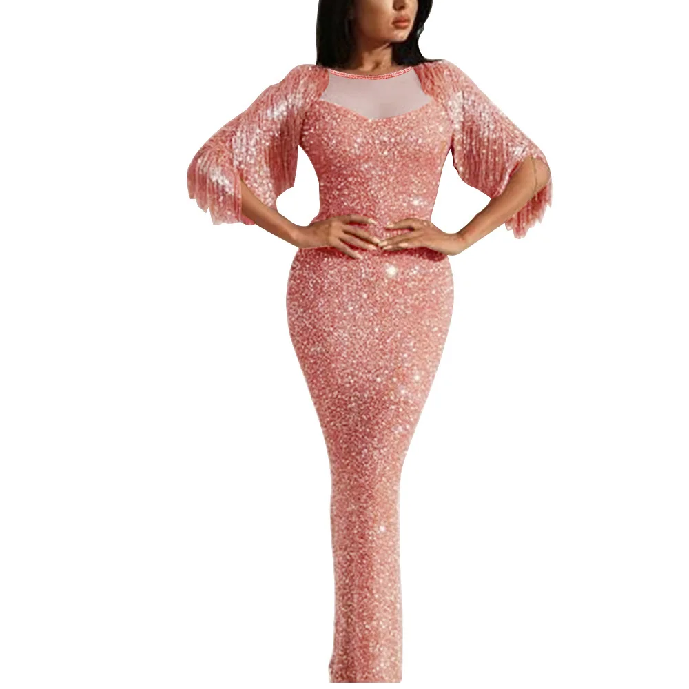 

Women's tassel sequin slim package hip fishtail night dress gorgeous elegant evening dress