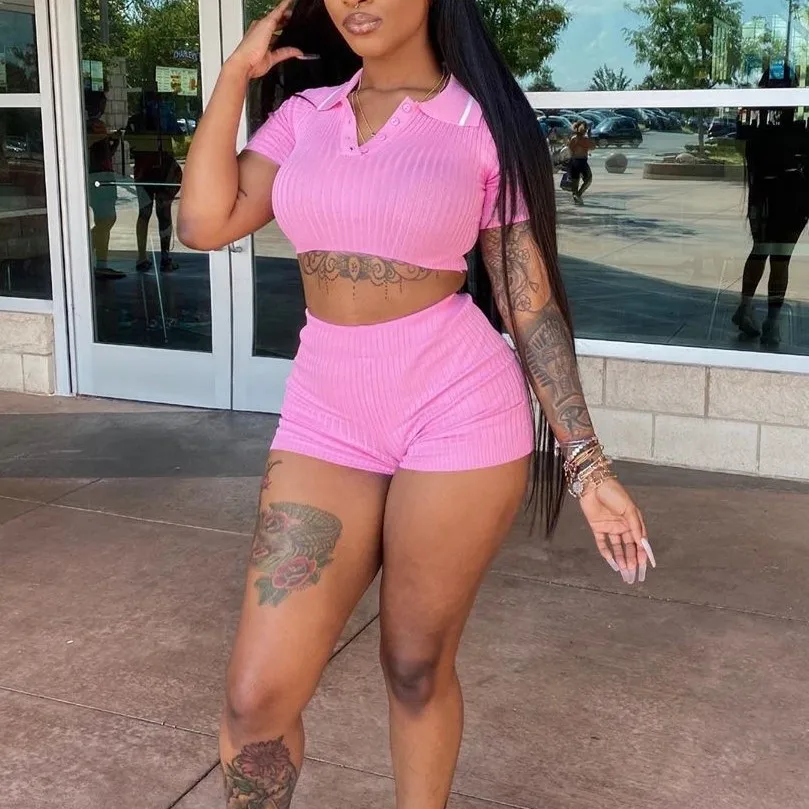 

2021 Fashion Solid Turndown Collar Neck Short Sleeve Women High Waist Pure Color Two Piece Sexy Shorts Set Casual Set, Pink,gray,black,fluorescent green
