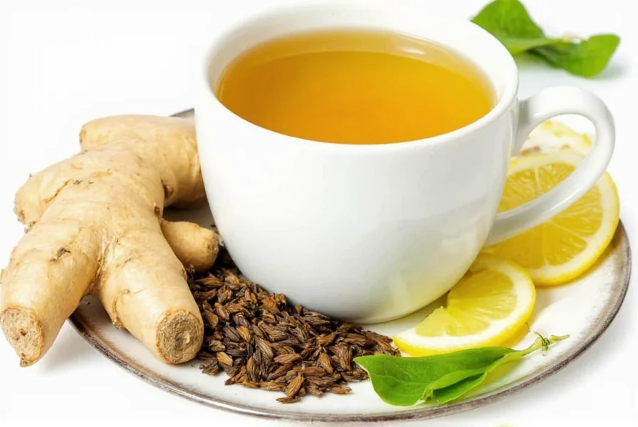 Steaming cup of ginger lemongrass tea on wooden table with fresh ingredients nearby