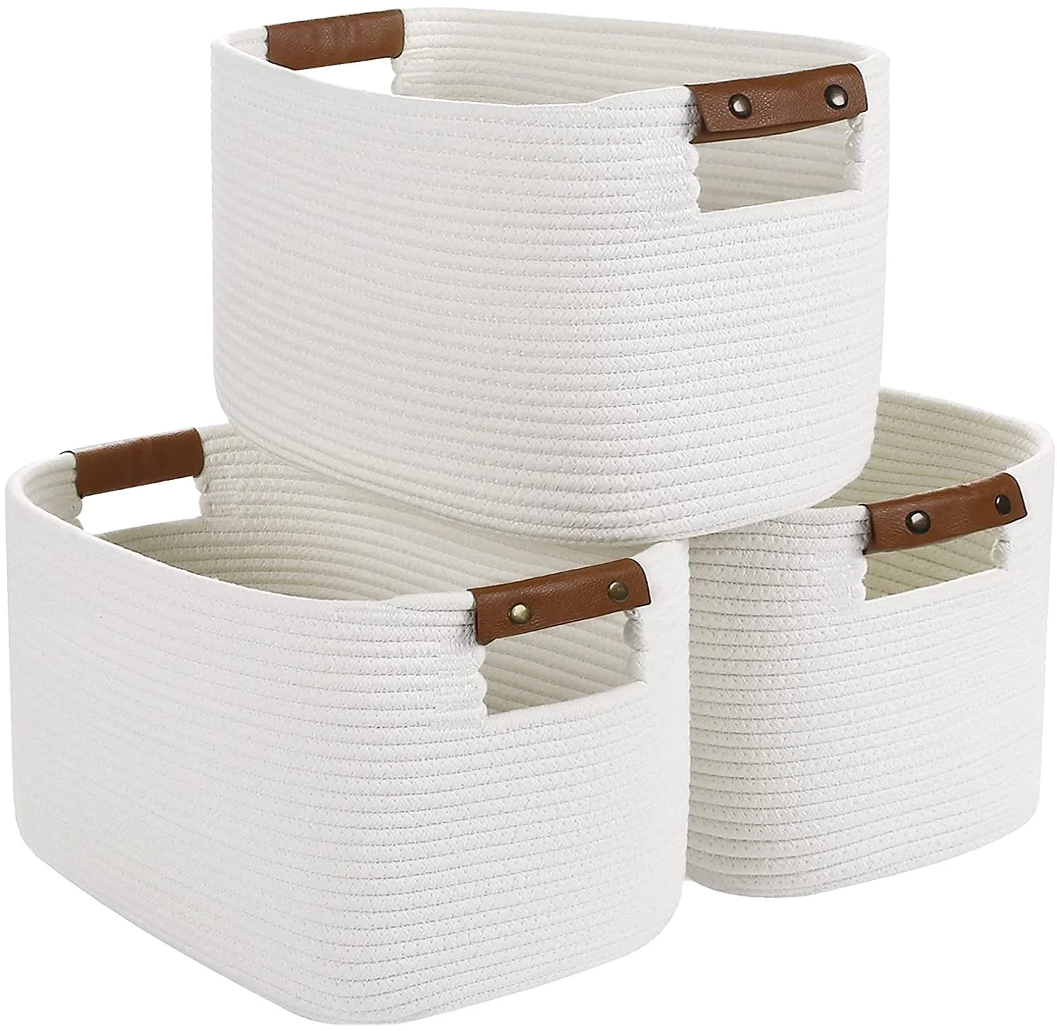 

3 Pack Cotton Rope Basket Storage bins With Leather Handles Decorative Woven Basket For Baby Clothes Toys, Customize color