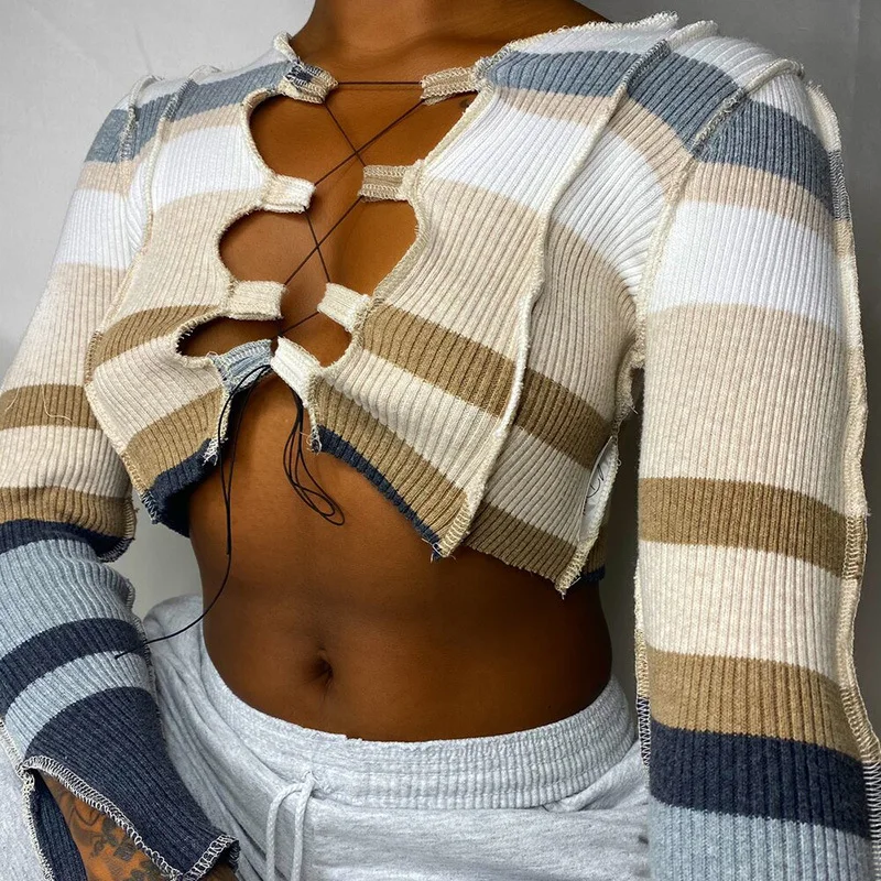 

Newest Corset Tied Up Hollow Out Cropped Tops Long Sleeve Stripe Sweater Knitted Blouse Women Tops Lady, 2colors in stock