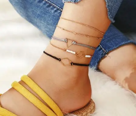

WIIPU Gold Chain Rope Beaded Geometric Anklets for Women Multi-layer Chain Charm Foot Bracelet Jewelry Tobillera
