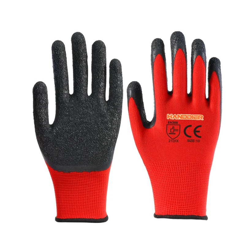 

13gauge red polyester black Guantes De Latex palm coated Working Rubber glove in stock