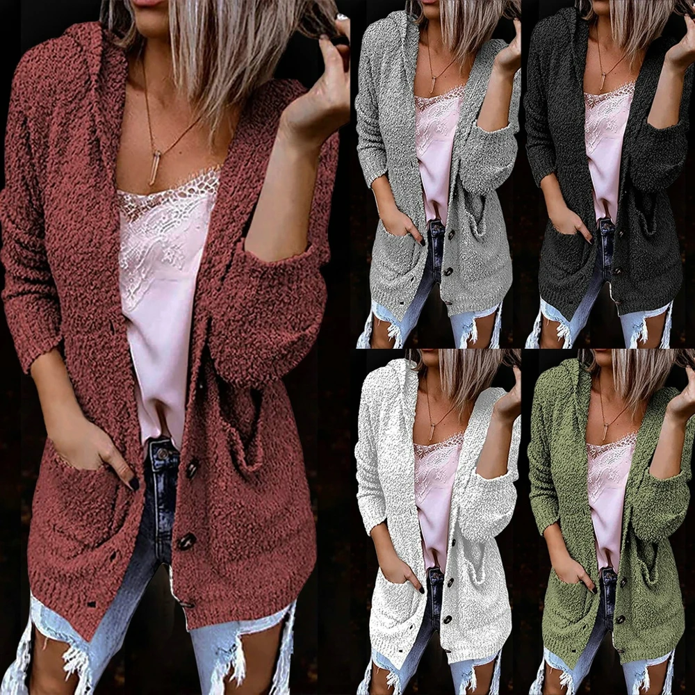 

Women Long Winter Fall Hooded Oversized Knitted Sweaters Ladies Coat Cardigan Plus Size Sweaters with Pockets