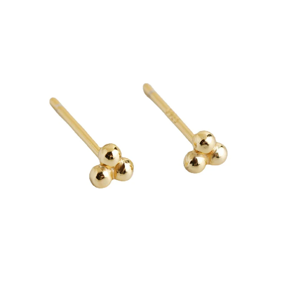 925 Sterling Silver minimalist plain cute 3 ball bead stud earrings gold plated jewelry for women