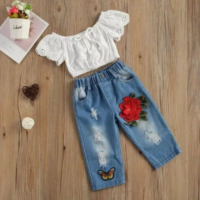 

F40976A Girls' off-the-shoulder lace hollowed-out top + butterfly embroidered jeans kid clothing set baby girls clothing sets, As picture