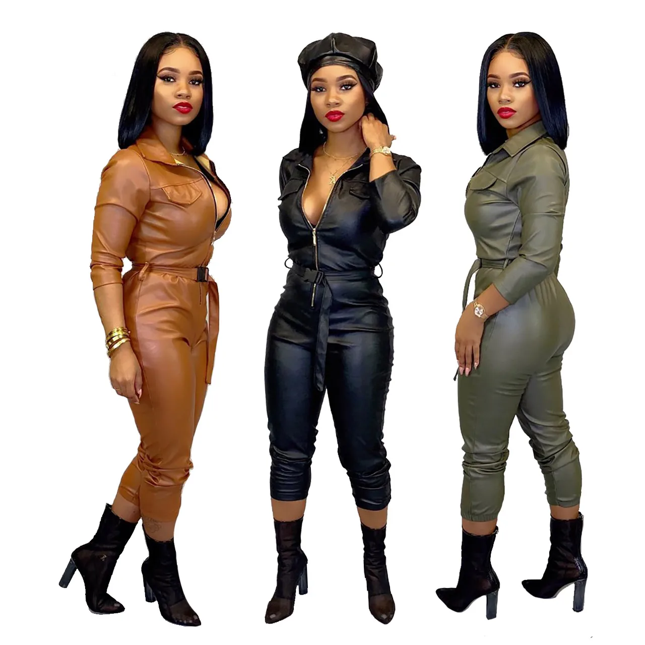 

Leather jumpsuit MOQ 1PC jumpsuit leather New long pant jumpsuit, As pictures