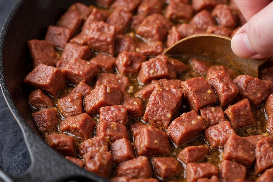 Close-up of hand browning beef cubes in cast iron skillet for authentic beanless chili recipe