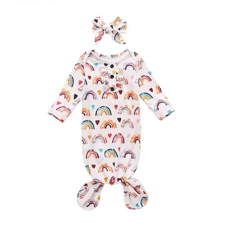 

Newborn Infant Pijamas Toddler Boy Girl Print Rainbow Button Up Ribbed Cotton Tie Knotted Baby Sleeping Gown With Headband