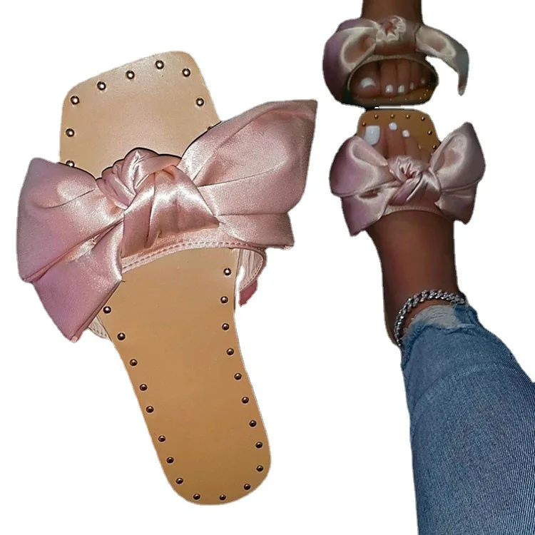 

Superstarer New Design Rivets Sole Flat Women Sandals Summer bow Sandals Bowknot Slippers For Women Ladies, Black, pink, beige, rose red