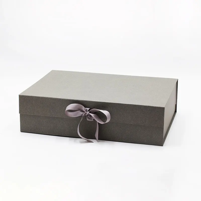 

Luxury eco-friendly grey color rigid magnetic lid gift packaging boxes with ribbon
