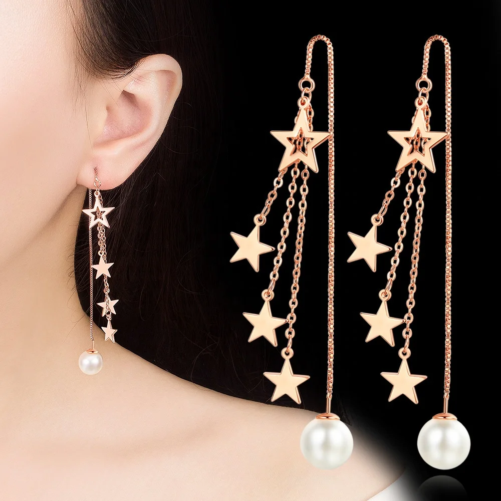 

Free Shipping Lady Jewelry Pearl Pendant Plated Rose Gold Tassel Five-pointed star Ear Line, White, rose gold