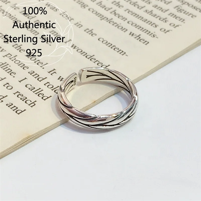 

100% S925 sterling silver vintage winding Line surface Retro open ring