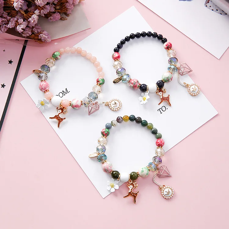 

Bohemia Sweet Flower Deer Pearl Crown Pendant Bracelet Multicolor Crystal Stone Beads Bracelets Women (SK942), As picture