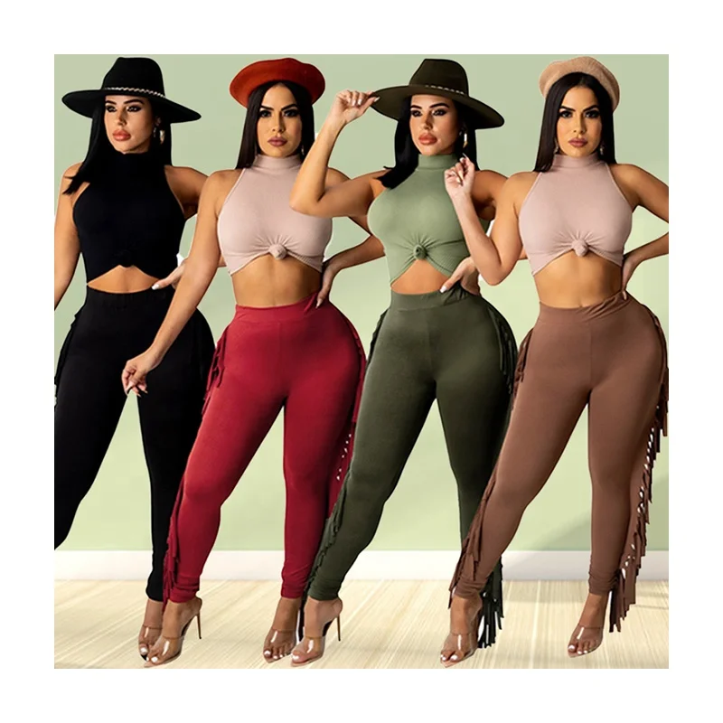 

XUYA Casual Plus Size Women's Pants & Trousers Womens Clothing Two Piece Pants Set Women Tassel Pants