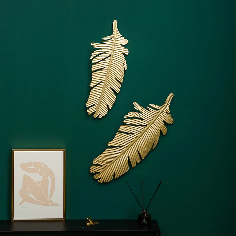 

Modern Home Luxury Wrought Iron Large Art and Craft 3D Wall Metal Feather Shape Banana Leaf Mural Hanging Decoration, Gold