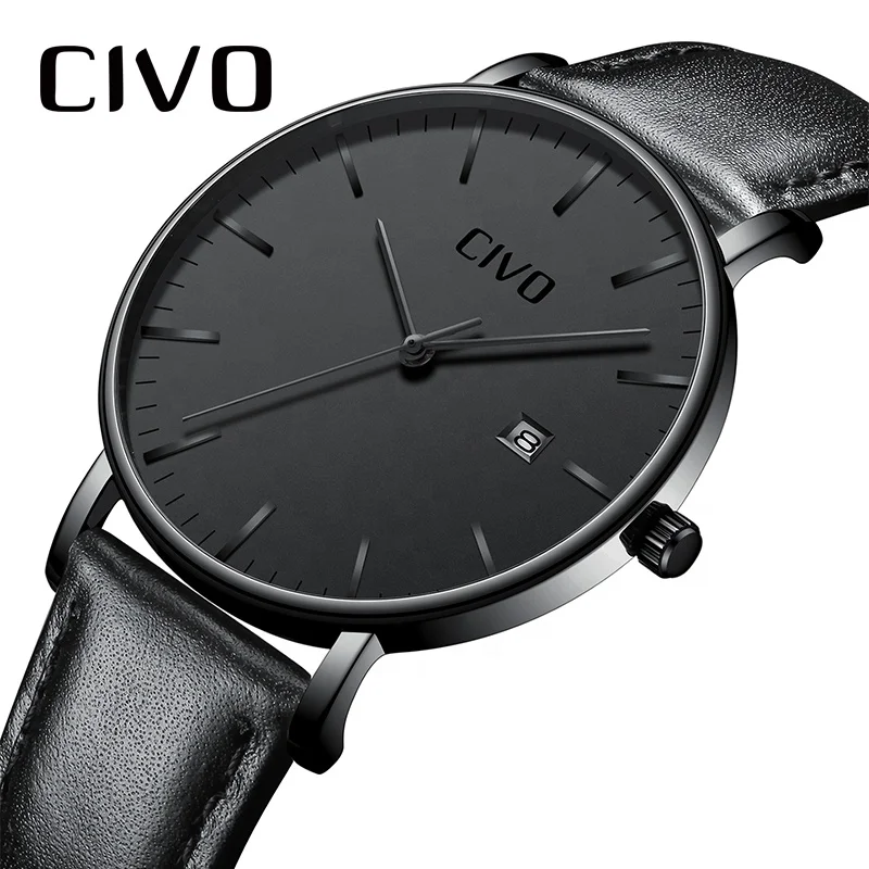 

CIVO Men Watch Ultra Thin Minimalist Waterproof Date Wrist Watch For Men Black Genuine Leather Business Fashion Watch Men Clock