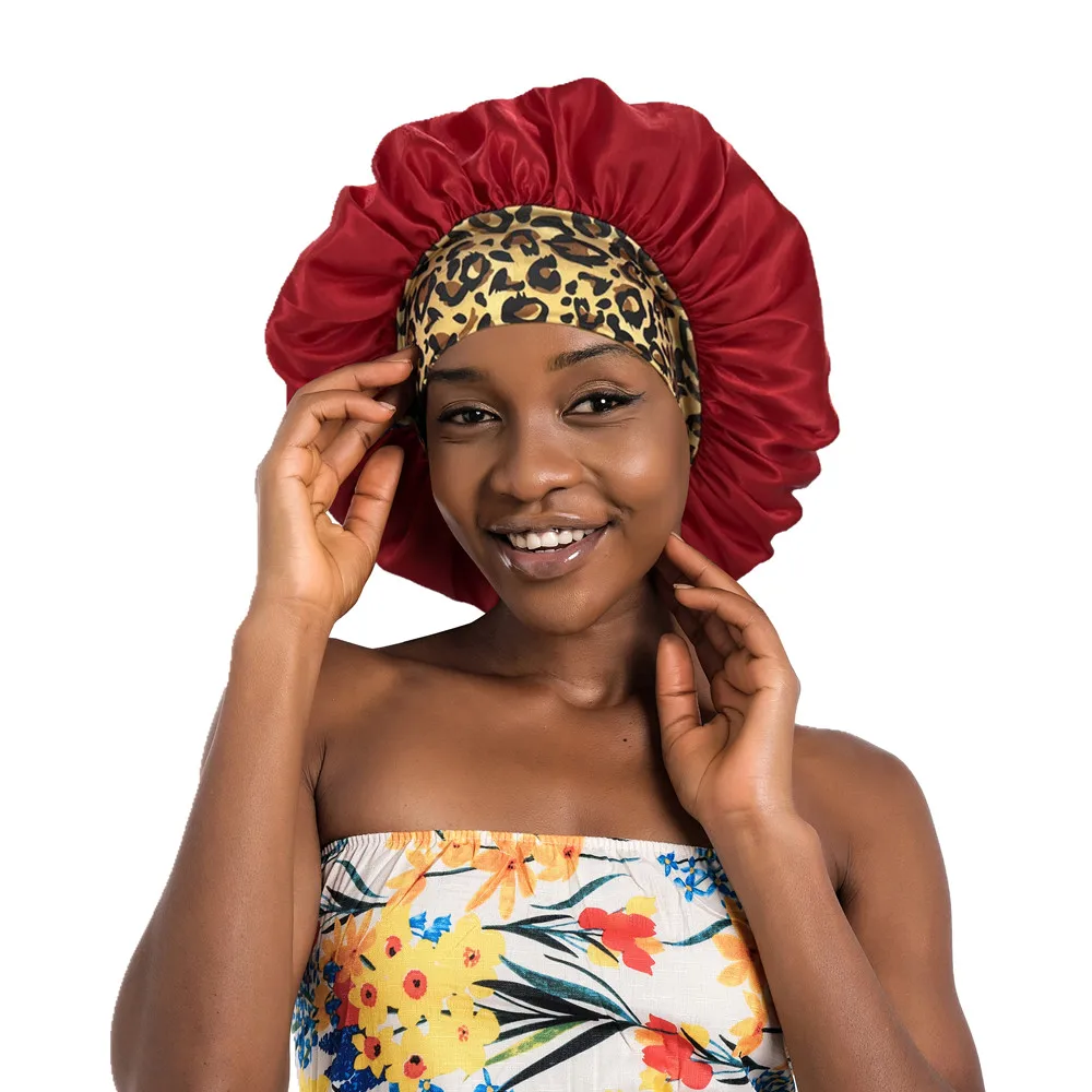 

New Style High Quality Leopard Print Elastic wide edge custom Bonnet silk night cap