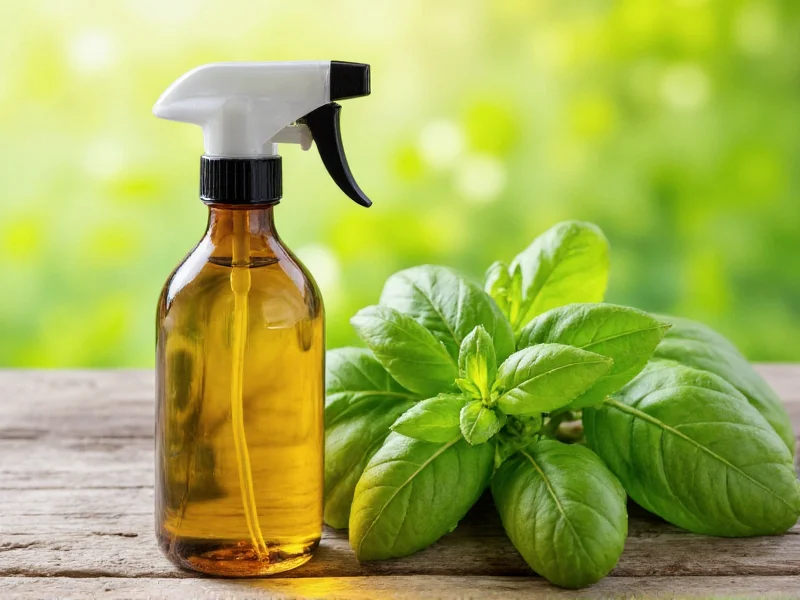 Neem oil solution in spray bottle with basil plant