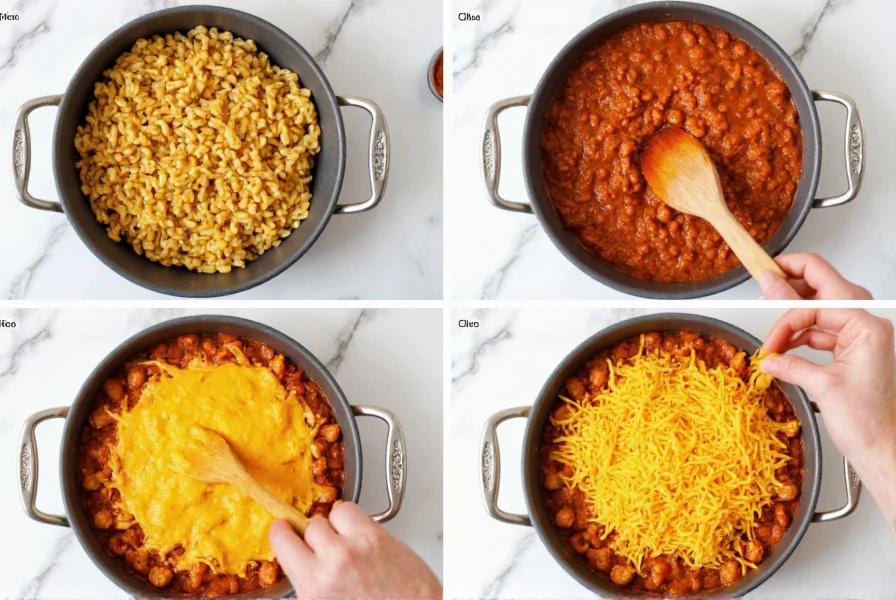 Step-by-step preparation of chili cheese macaroni showing cooked macaroni mixed with rich chili sauce and melted cheddar cheese topping