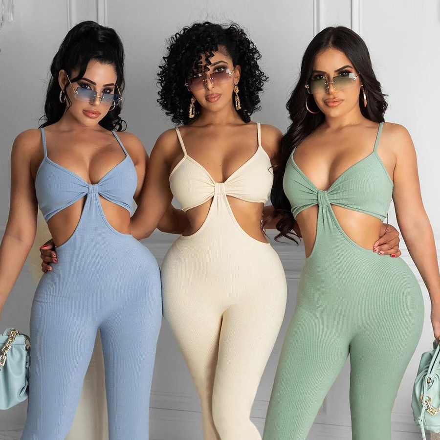

Nibber K21Q01301 Casual Ribbed Cut Out Workout Jumpsuits Women 2021 New Solid Strap Active Wear Workout Slim Streetwear Outfit