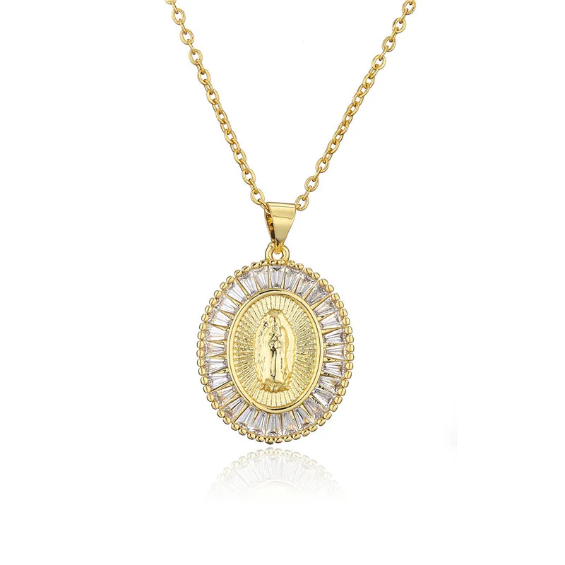 

Gold Plated CZ Micro Pave Mother Virgin Mary Religious Chain Necklace Women Christian Jewelry Medal Pendant Necklace