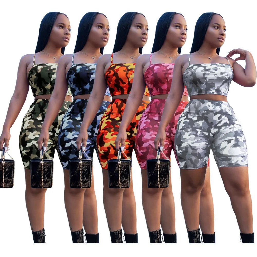 

2021 Summer 5colors Women Clothing Fashion Camouflage Army Crop Top And Shorts Two 2 Piece Set, Picture