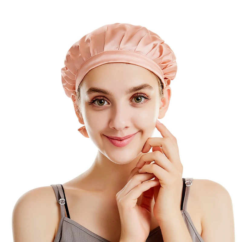 

Wholesale custom Logo Adjustable 100% mulberry silk Hair Bonnet Woman sleeping Silk Bonnets