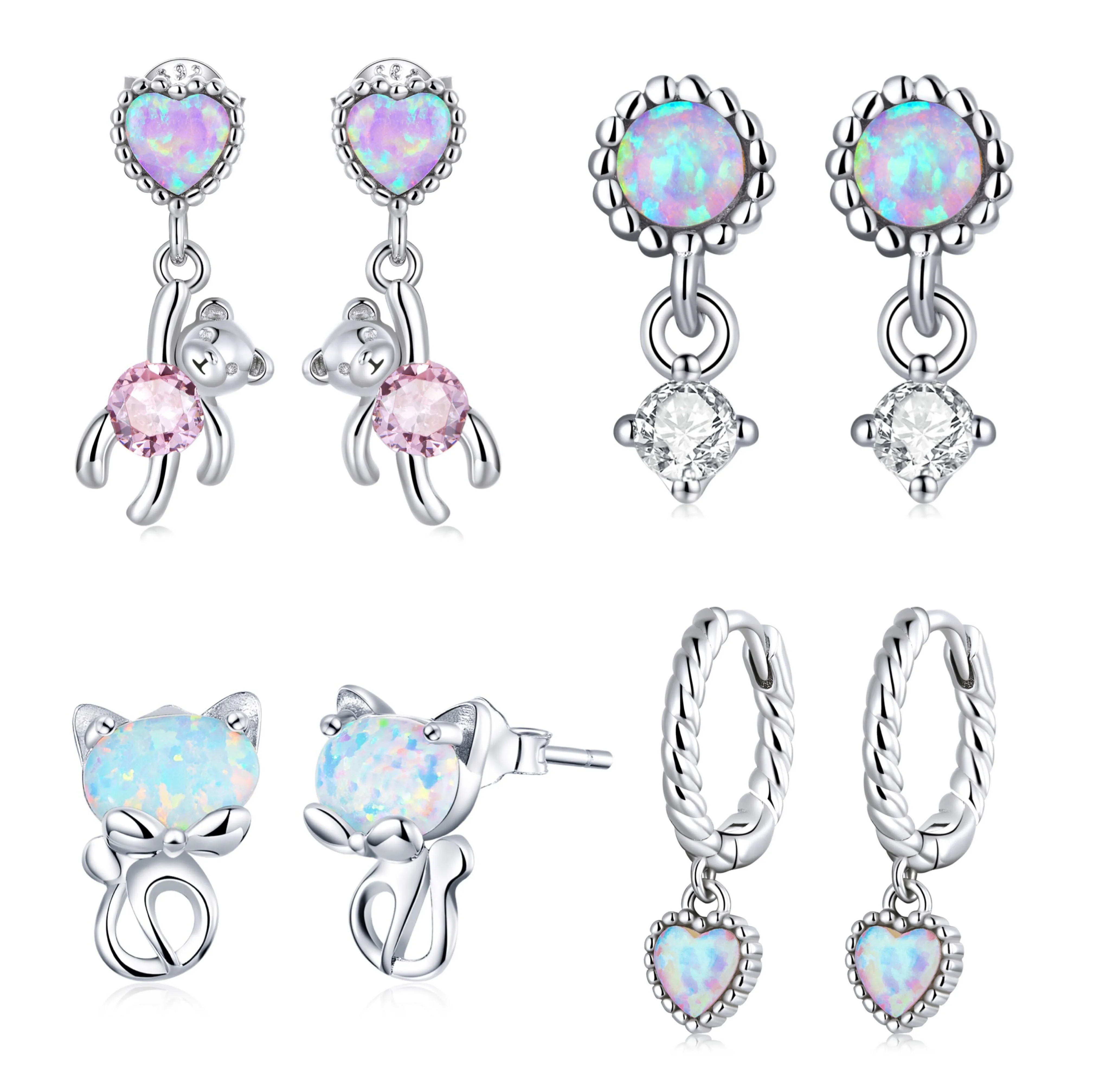 

Jianguyan New Trendy Women Fine Jewelry Cute Bear Cats Stud Earring Star Opal Earrings 925 Silver for Women OEM ODM Customized