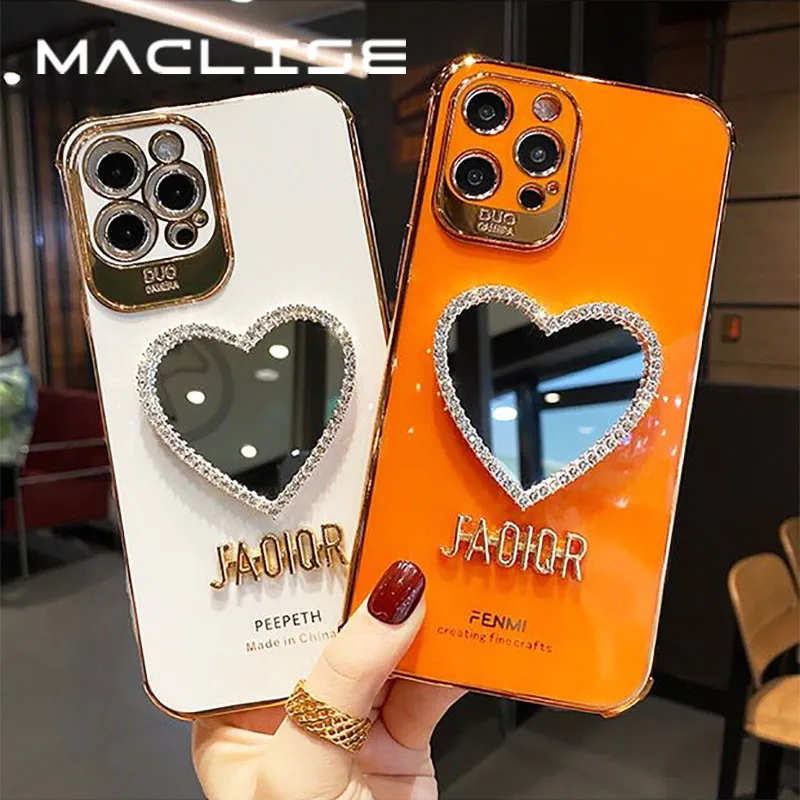 

Luxury Brand Plating Love Heart Mirror Phone Case For Iphone 12 11 Pro Max 7 8 Plus X XR Fashion Girl Bling Silicone soft Cover, Various
