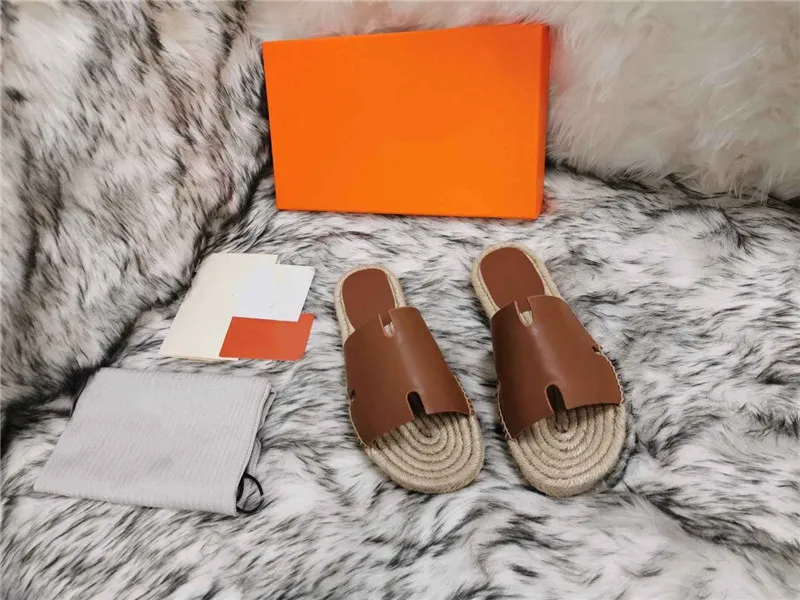 

Summer Casual Slides Slippers Flat Hemp Solied Color Genuine Leather Slides Flip Flops Beach Designer Shoes Women Famous Brands