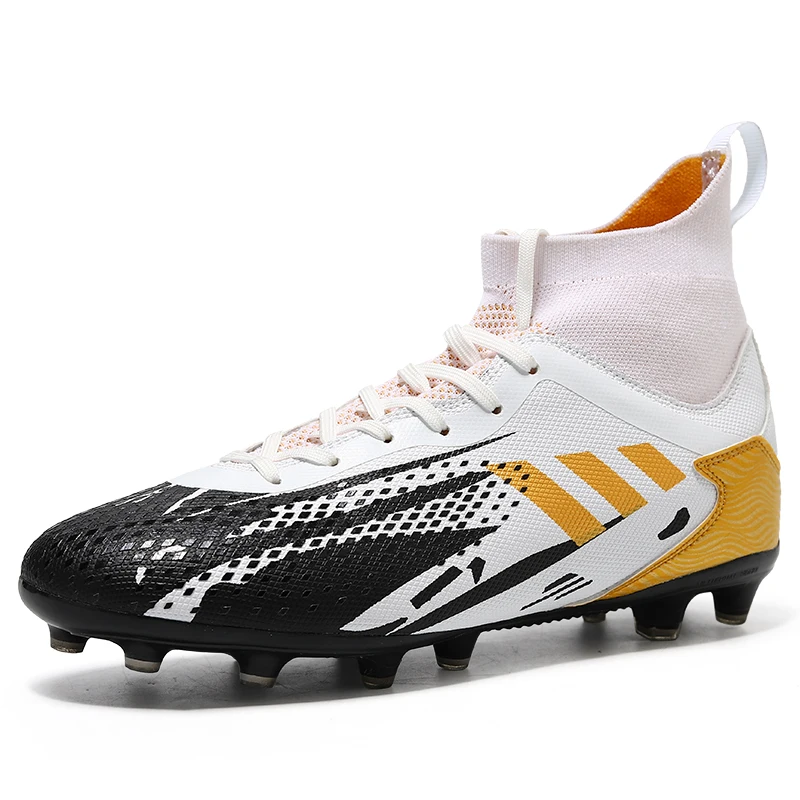 

Long spike non-slip high-top men's and women's soccer boot fashion wear-resistant training shoes grass outdoor soccer cleats, White yellow white