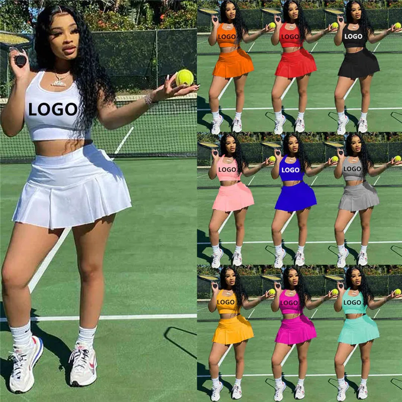 

Custom Logo Training Wear Women's Vest And Culottes Two Piece Sports Suit Tennis Golf Shorts Skirt Sets For Women, White,pink,yellow,red,gray,black,rose,blue,orange,sky blue