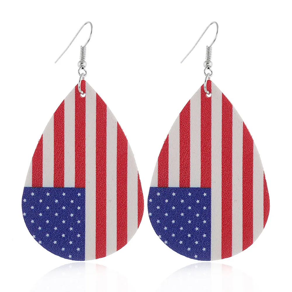 

2020 American Independence Day Women 's Celebration Earring Jewelry Drop Shape USA Flag Print Real Leather Earring