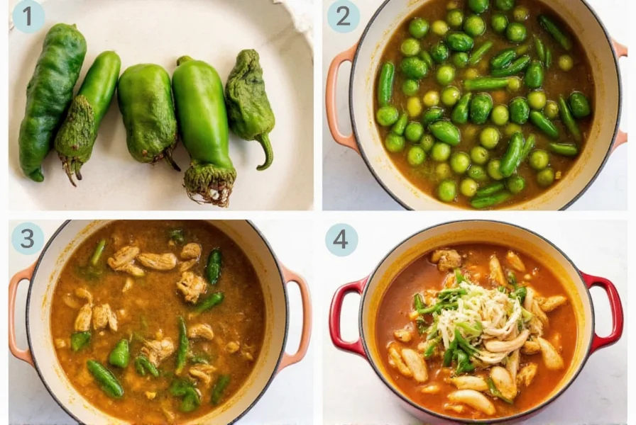 Step-by-step preparation of authentic chicken and green chili soup showing roasted poblano peppers, simmering broth, and finished bowl with garnishes
