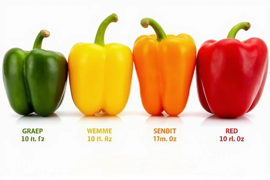 Side-by-side comparison of green, yellow, orange, and red bell peppers showing color progression and nutritional differences