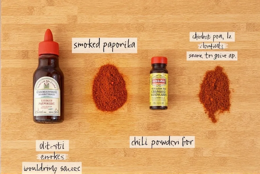 Various chipotle pepper replacement options arranged on wooden cutting board including smoked paprika, chili powder, liquid smoke, and canned chipotles in adobo sauce