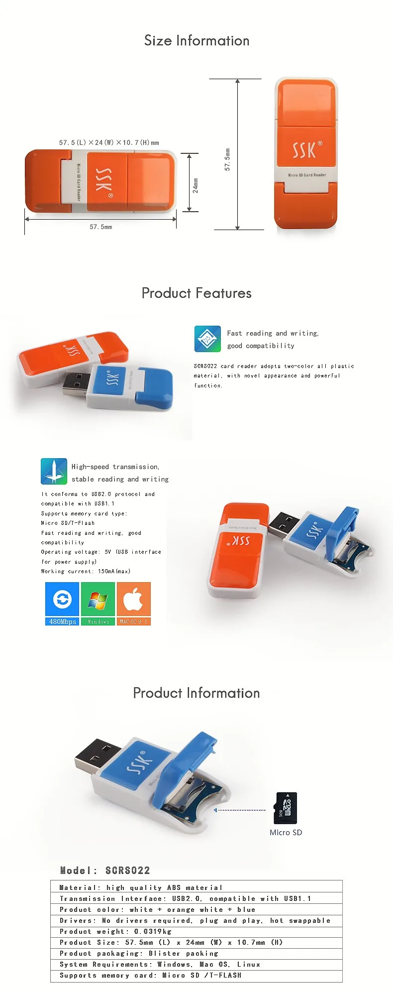 High Speed Tflash Usb 2.0 Card Reader Portable Mini Micro Usb Memory