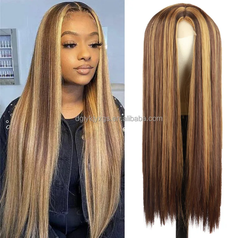 

WL05 28 Inch Ombre Brown Highlight Blonde Dark Root Wig Long Silky Straight Wig Hair Wigs Middle Part Synthetic Lace for Women