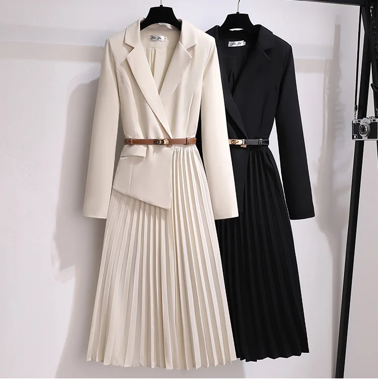 

ZYHT 1072 Hot Sale Autumn Winter New Design Long Suit Coat Ol Slimming High Waist Lace Up Blazer Dress Fashion Long Suit Dress