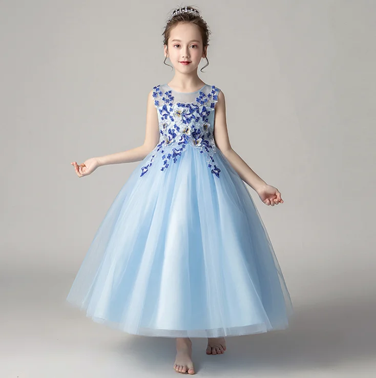 

Blue embroidery beads tulle flower girls long dresses wedding RL190322, Pink;blue